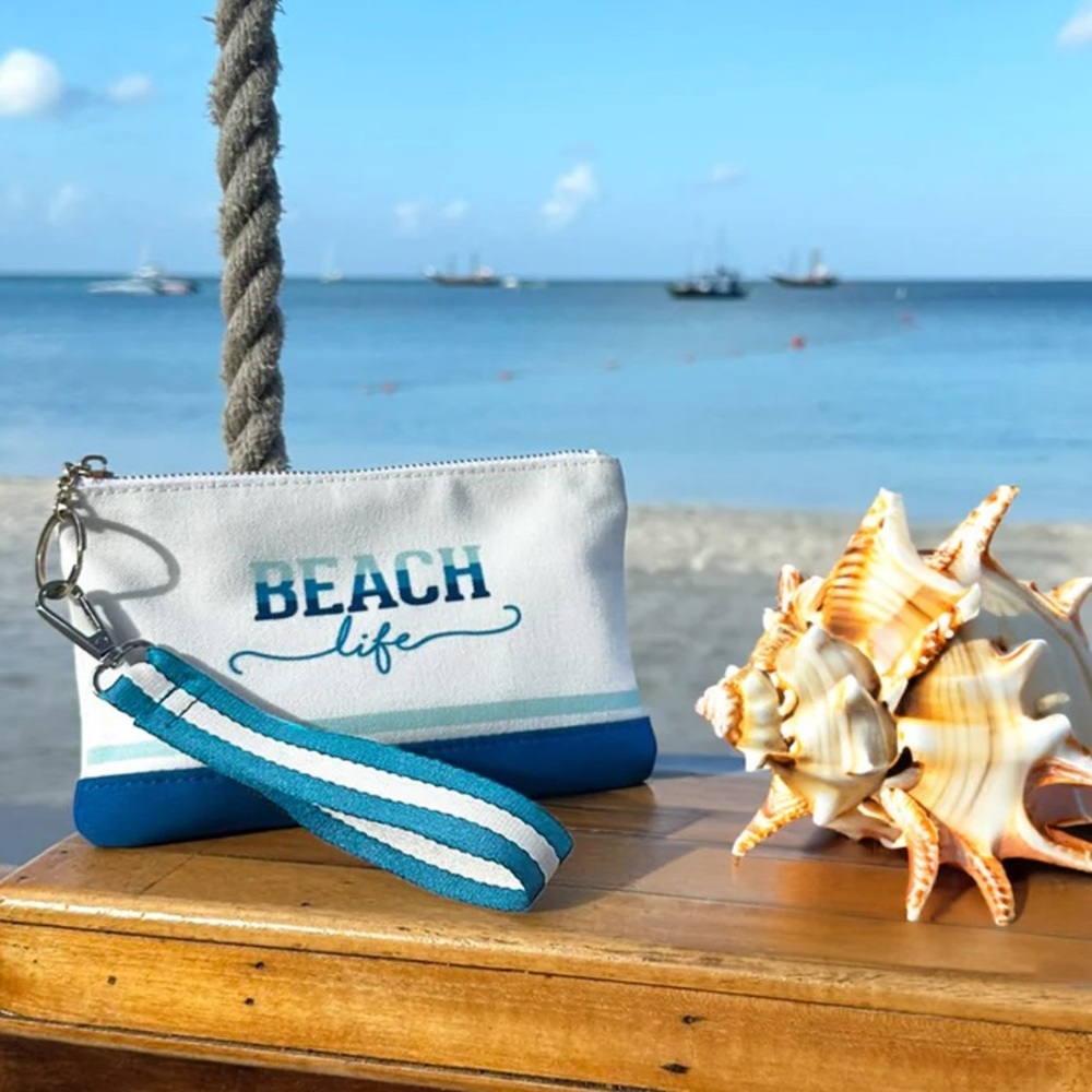 NWOT BEACH LIFE 8" X 5" CANVAS WRISTLET clutch zip purse bag cotton